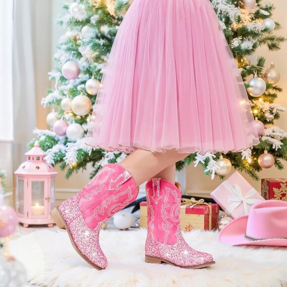 Unisex Child Pink Mid Calf Glitter Toddler Cowboy Boot Little Big Kids Western - Picture 2 of 7